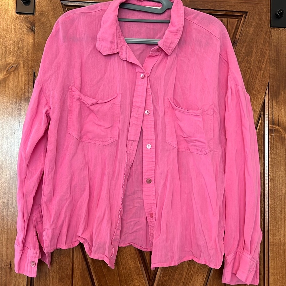 Bêcool pink sheer button blouse with double pockets